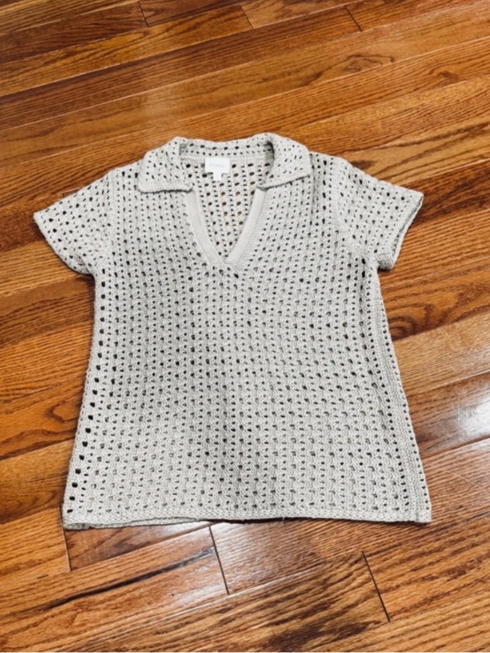 Cyrus Womens Beige Open Knit Crochet Polo Sweater Short Sleeve Cotton Blend S